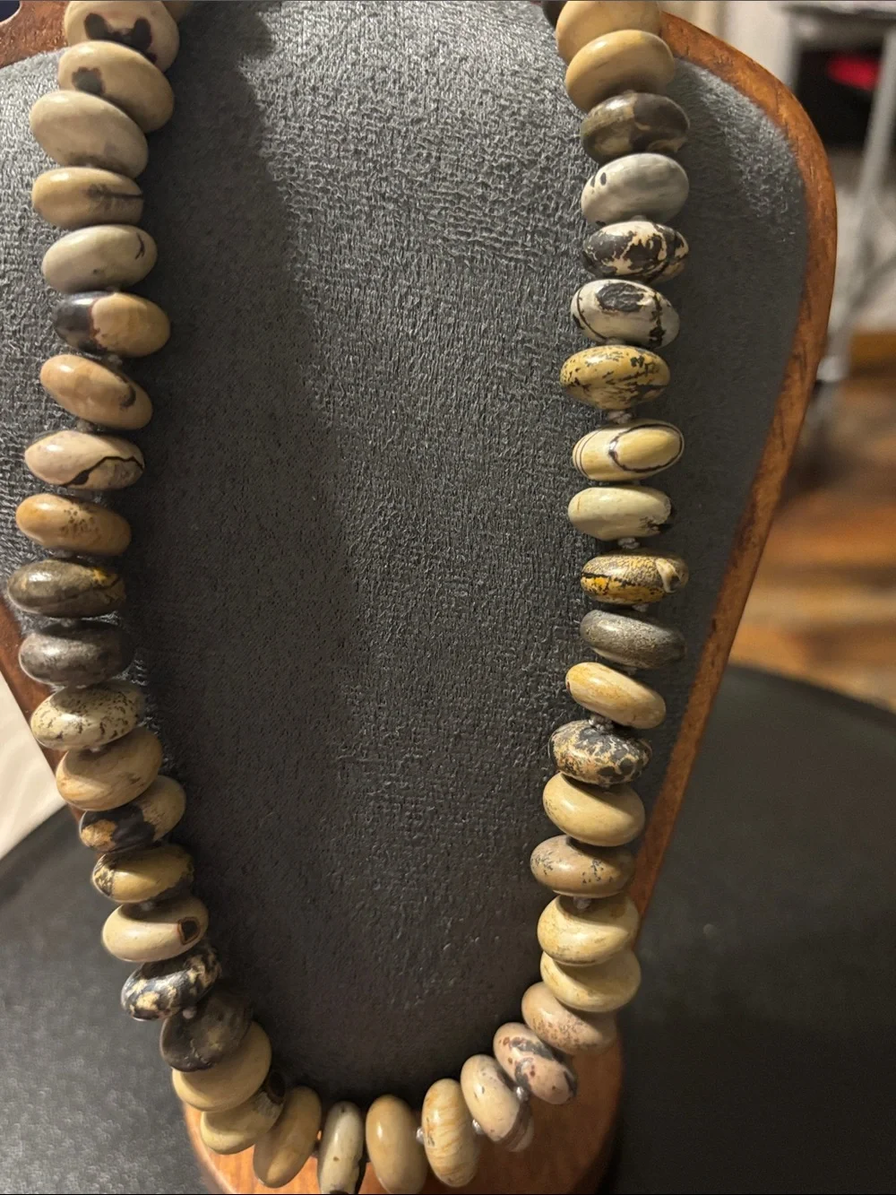 Beaded Jasper Statement Necklace in Beige and Brown Disc Shaped‎ Saucer Shape